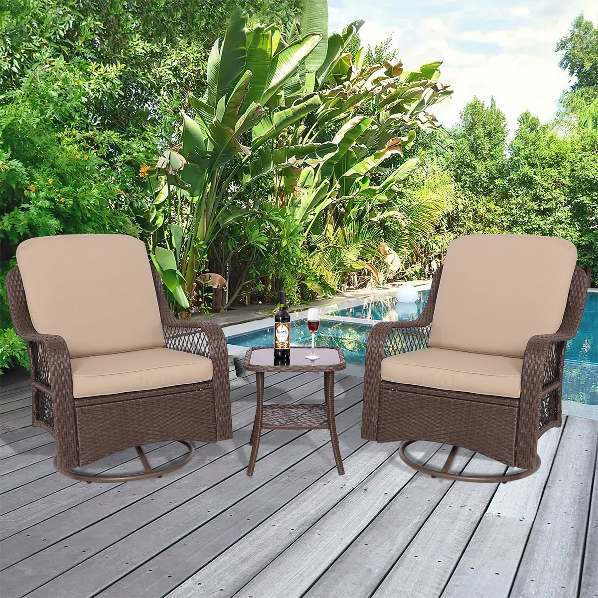 3-Pieces Patio Wicker Furniture Set with Side Table and Cushions Q782