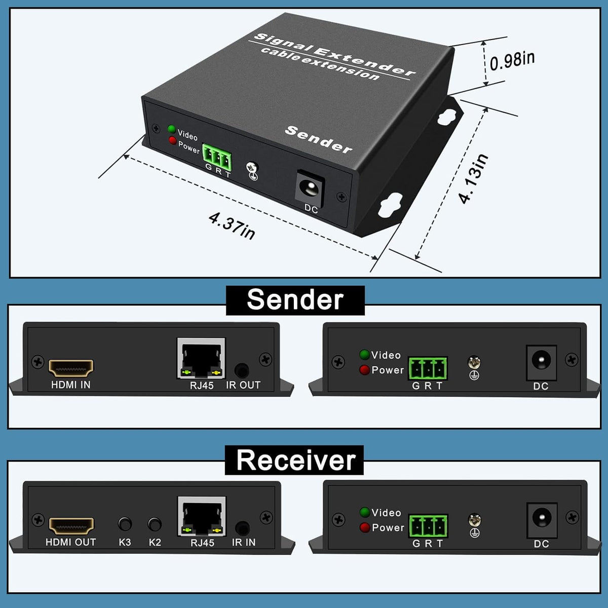 4K HDMI Extender Over Ethernet Cat5e/6/7, HDMI Balun Over IP Gigabit Switch, IR Control, Bidirectional RS-232, EDID Pass-Through HDMI Transmitter Receiver Kit A623279