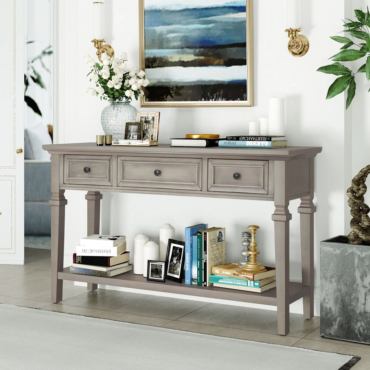 Navy Wooden Console Table with 3 Drawers and Open Shelf T4031