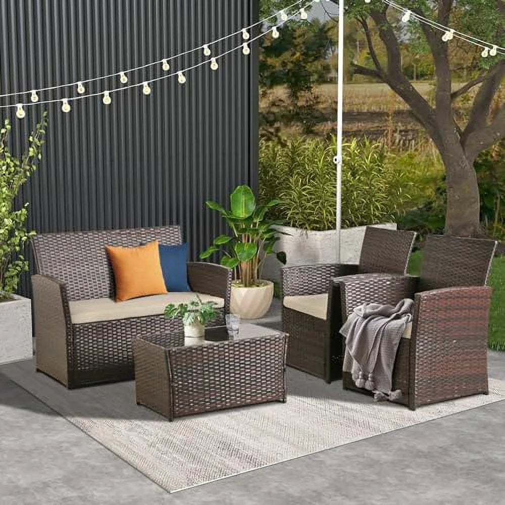 Brown Wicker 4 Piece Rattan Sectional Sofa Set with Table and Loveseat Y3192