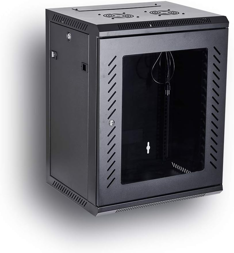 Wall Mount Rack Server Cabinet 19-Inch Network Enclosure with Locking Glass Door 16-Inches Deep T379370